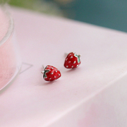 s925纯银红色小草莓耳钉女2023耳饰可爱甜美小巧气质耳环