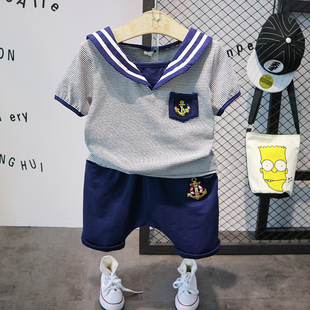 男童短袖夏装套装，20222-3-4-5-6岁宝宝水手服儿童，条纹两件套