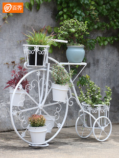 百界创意欧式自行车花架铁艺多层阳台庭院落地式花架子花园花盆架