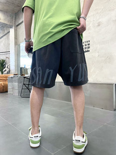夏季休闲短裤男韩版水洗做旧个性字母印花裤子青年宽松五分裤