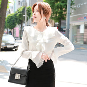 高货韩版衬衫夏季女士雪纺白衬衫，长袖花边宽松大码衬衣品质直