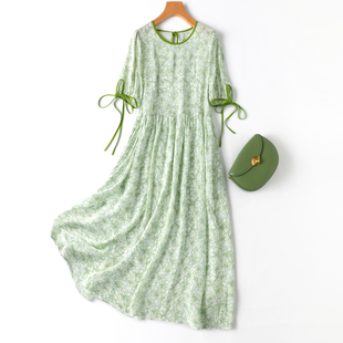 凉意!满身花卉!真丝圆领系带，泡泡袖中长裙，绿色桑蚕丝连衣裙减龄