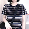 纯棉正肩条纹短袖t恤女夏装2025新款宽松显瘦遮肚子休闲体恤上衣