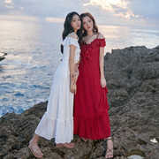 奈良吊带裙红色连衣裙女夏季巴厘岛沙滩裙荷叶边长裙海边度假裙子