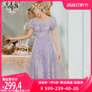 艾丽丝刺绣网纱气质连衣裙2023夏季灯笼袖减龄超仙公主风裙子