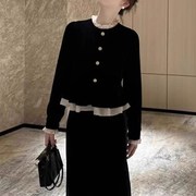 欧洲站女装秋冬季j2023赫本风黑色，套装长袖金丝绒洋装两件套