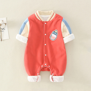 男婴儿秋装女0一1岁宝宝，棒球服连体衣，春秋外穿韩版洋气新生儿衣服