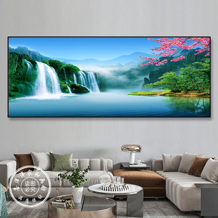 中式客厅沙发背景墙装饰画，大气流水生财山水，风景壁画单幅横版挂画