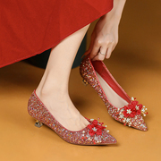 红色花朵婚鞋女细跟秋法式3厘米小跟尖头高跟鞋水钻亮片低跟单鞋