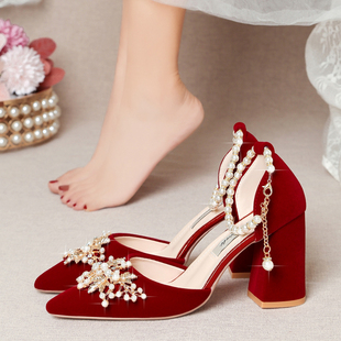 夏季新娘鞋婚鞋女粗跟2023年秀禾婚纱两穿红色高跟鞋结婚鞋子