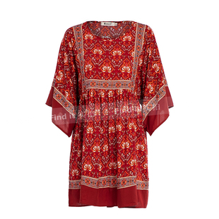 波西米亚棉质红色印花连衣裙 欧美风度假裙 拼接印花蝙蝠袖短裙