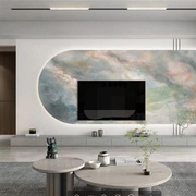 瓷砖背景墙大型山水风景画迎客松简约中式客厅岩板悬空电视背景墙