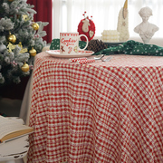 红色格子圣诞桌布新年餐桌布，棉麻小圆桌，清新拍摄背景装饰甜品台布