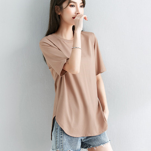 纯色宽松莫代尔棉短袖t恤女弧形下摆夏季不规则，小众设计体恤上衣