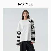 倪妮孟美岐同款pxyz黑白条纹，拼接长袖t恤上衣时尚宽松设计感
