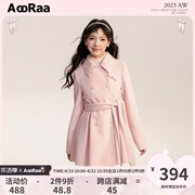 aooraa原创设计 玫瑰，幻境翻领系带毛，呢大衣粉色蝴蝶结上衣冬
