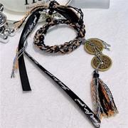 暗黑系铜钱双圈手绳搭配丝带和降魔铃手工编织黑檀流苏中性风手饰