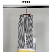 iceel原创设计师女装时尚休闲裤，女春高腰设计黑白格子九分裤