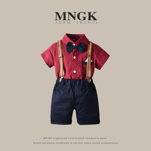 法国MNGK周岁礼服套装夏英伦风儿童小西装一岁抓周衣服男童背带裤