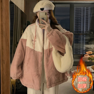 羊羔毛外套(毛外套)少女冬装2023初中高中学生，宽松可爱毛茸茸棉衣棉服