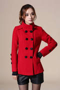 红色双排扣呢子大衣女2023秋冬季韩版修身女装短款外套立领