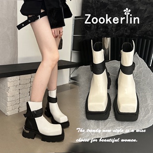 zookerlin厚底马丁靴女小众设计感方头短靴炸街瘦瘦靴绑带单靴