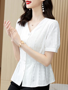白色短袖雪纺衬衫女收腰短款上衣时尚洋气漂亮减龄今年流行小衫