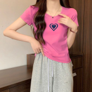 韩版减龄玫粉色u领正肩短袖T恤女夏季修身短款上衣洋气