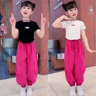 女童短袖套装夏季2023时髦女孩韩版玫红休闲工装裤运动两件套