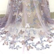 网纱刺绣立体蝴蝶花水溶蕾丝面料浅紫色深蓝色服装定制布料