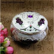 z2俄罗斯彩锡金属烟灰缸盒，翻盖圆形银边白色，紫玫瑰花厚重精致