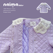 女童秋冬季棉衣外套长款紫色，绗棉大衣中长款蕾丝，领女孩棉服3597