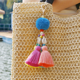 海洋风毛球贝壳钥匙扣度假风手工编织波西米亚流苏包挂件礼物挂饰