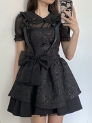 黑色玫瑰刺绣吊带连衣裙，夏季辣妹蝴蝶结少女，设计感收腰显瘦泡泡袖