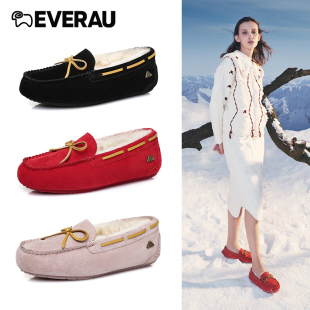 everau冬天羊毛豆豆鞋女棉鞋，一脚蹬圆头乐福鞋女加厚保暖单鞋
