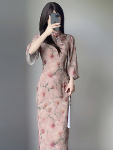 新中式改良少女倒大袖旗袍2023秋季年轻款少女长袖雪纺连衣裙