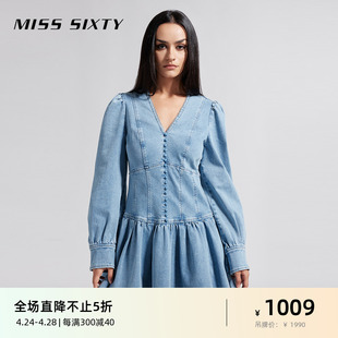 Miss Sixty2024春季牛仔连衣裙女V领长袖短裙荷叶边甜美复古