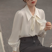灯笼袖春秋蝴蝶结衬衫，白色通勤衬衣女，正装飘带设计感职业上衣