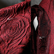 暗黑玫瑰立体双面提花，黑红布料古风，西装外套旗袍服装设计师面料