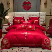 悠享婚庆四件套大红刺绣，简约现代结婚床品六件套，婚庆床品红色
