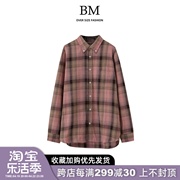 BM Fashion 夏季孙怡同款格子衬衫bm复古做旧磨毛水洗长袖外套女