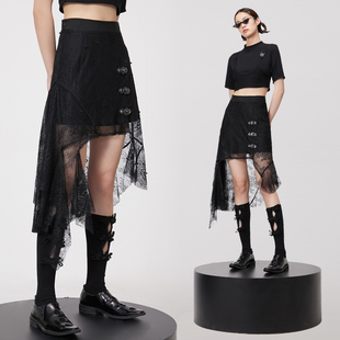 CUUDICLab原创设计夏季网纱半身裙长裙 黑色不规则重工钉珠蕾丝裙