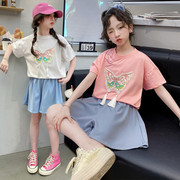 女大童t恤短袖初中生夏装女童国风套装小学生女孩短裤夏季两件套