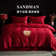 sandman睡神仕婚庆贡缎，100支长绒棉四件套红色，刺绣婚嫁床上用品