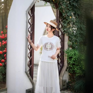 新中式夏季T恤女短袖上衣中国风圆领宽松白色黑色民族风显瘦体恤