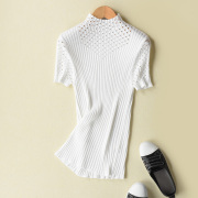 春夏季短袖女羊绒针织镂空圆领薄款修身透气半袖毛线打底衫空调衫