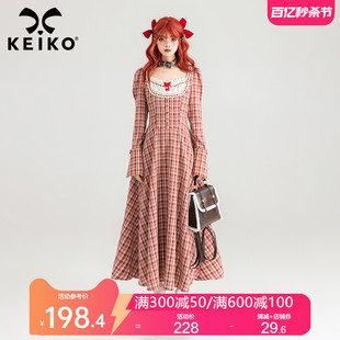 KEIKO 法式复古红色格子鱼骨连衣裙春夏气质方领收腰显瘦大摆长裙