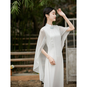 山有色秋季中国风，女装复古白色茶人服立领，雪纺气质长款连衣裙