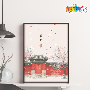 数字油画手工diy新中式客厅，中国风手绘油彩，三联装饰画田园复古风