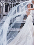 欧美简约裸纱新娘韩式结婚婚纱头纱超长素纱拖尾摄影旅拍凹造软纱